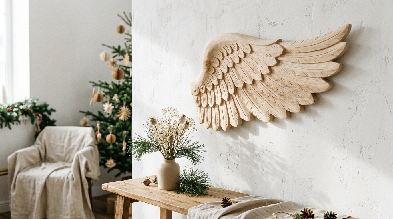 Carved wing from wood angel sculptures hanging on a living room wall