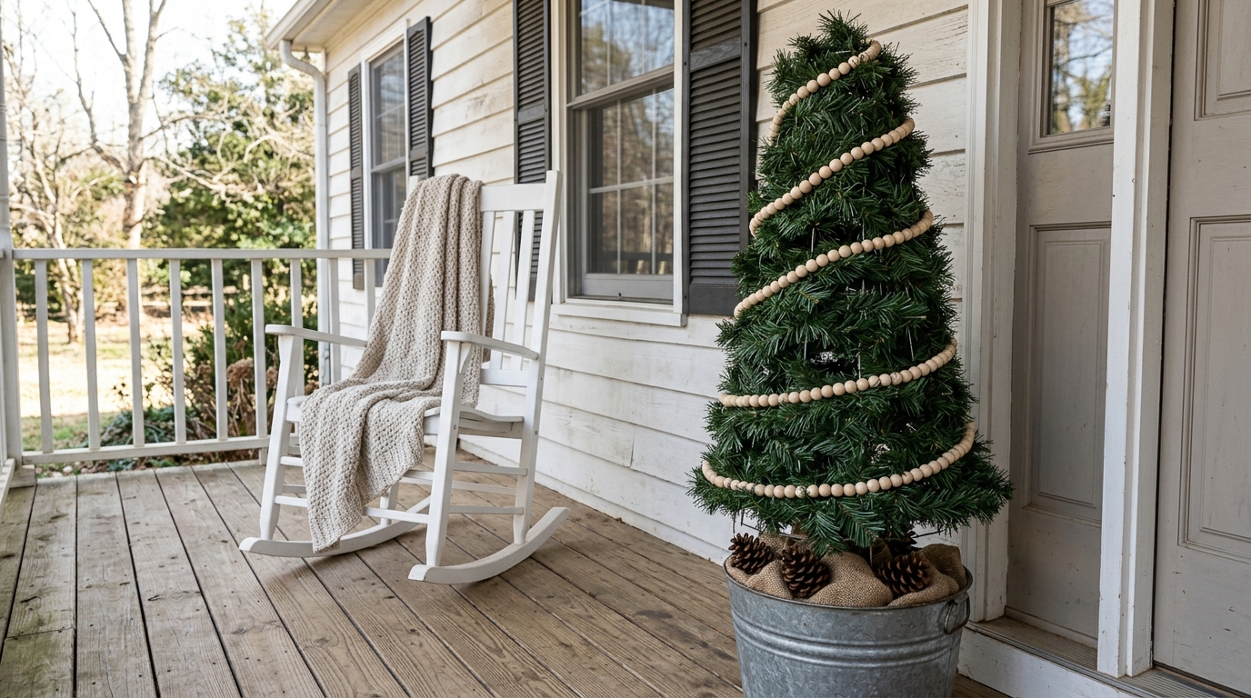 Tomato Cage Christmas Trees idea: wood bead garland spiral in a galvanized bucket
