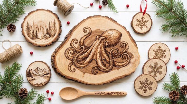 Wood burning art flat lay with an octopus slab, forest rounds, snowflake coasters and a holly spoon