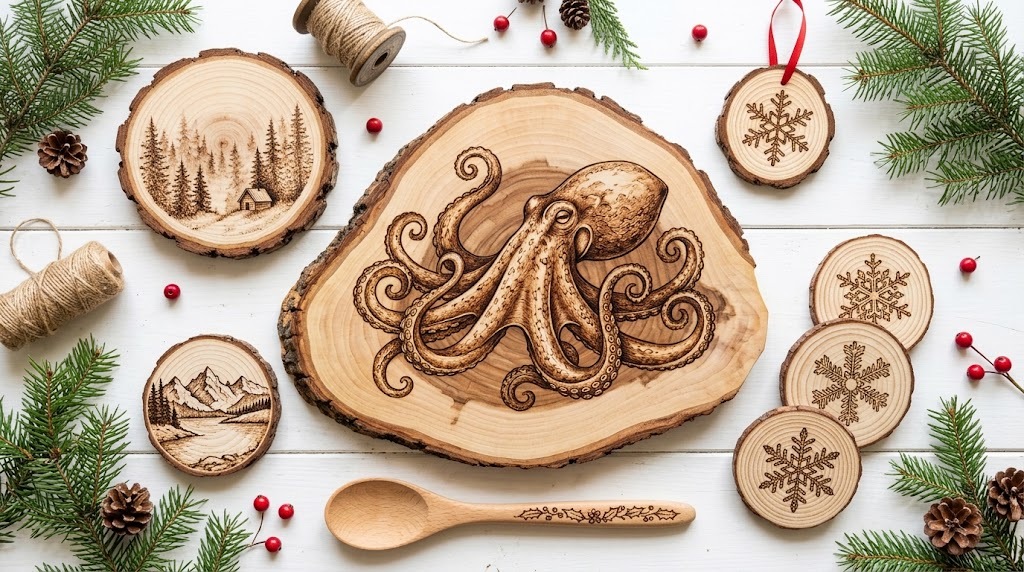 Wood burning art flat lay with an octopus slab, forest rounds, snowflake coasters and a holly spoon