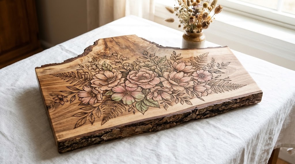 Live edge slab burned with layered flowers, ferns and leaves with soft color washes