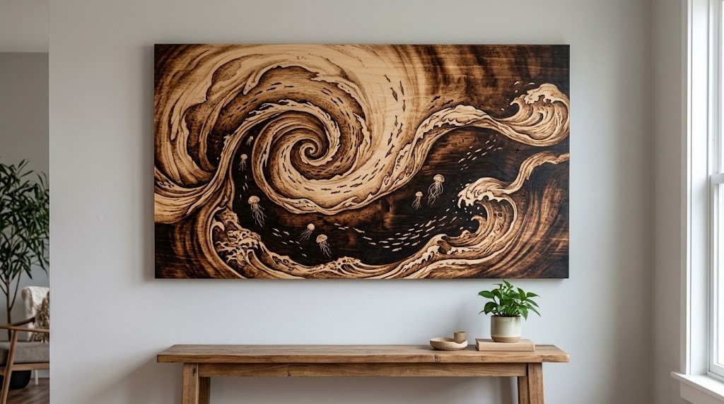 Wooden panel burned with swirling ocean currents and tiny sea creatures in dark brown tones