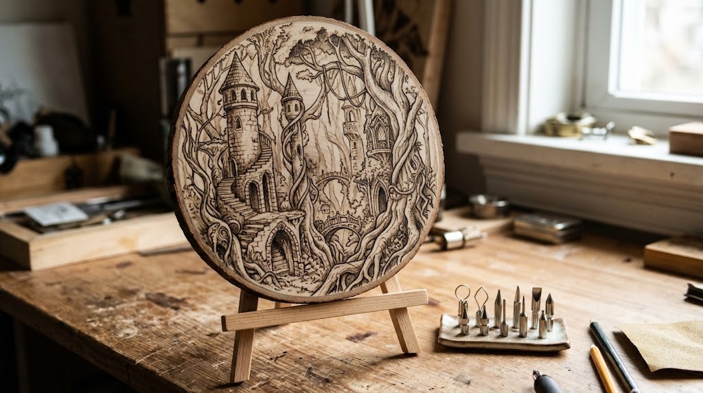 Wood burning art of stone towers and arches swallowed by giant trees on a round panel
