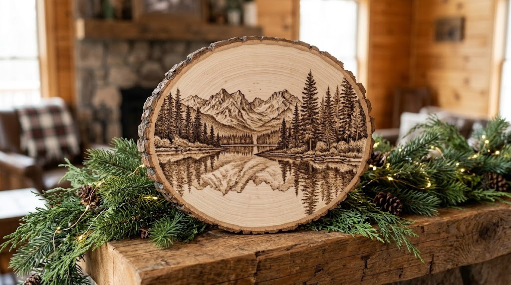 Wood burning art mountain lake with pines and peaks on a thick wood slice
