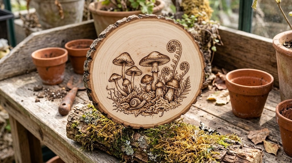Mushroom and moss wood burning art on a slice resting on a garden bench