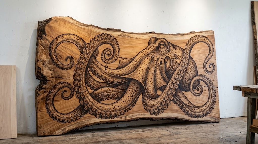 Wood burning art octopus slab with curling tentacles across a huge live edge board