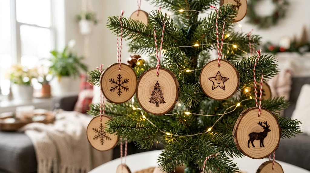 Pine slice ornaments with simple wood burning art designs on a Christmas tree