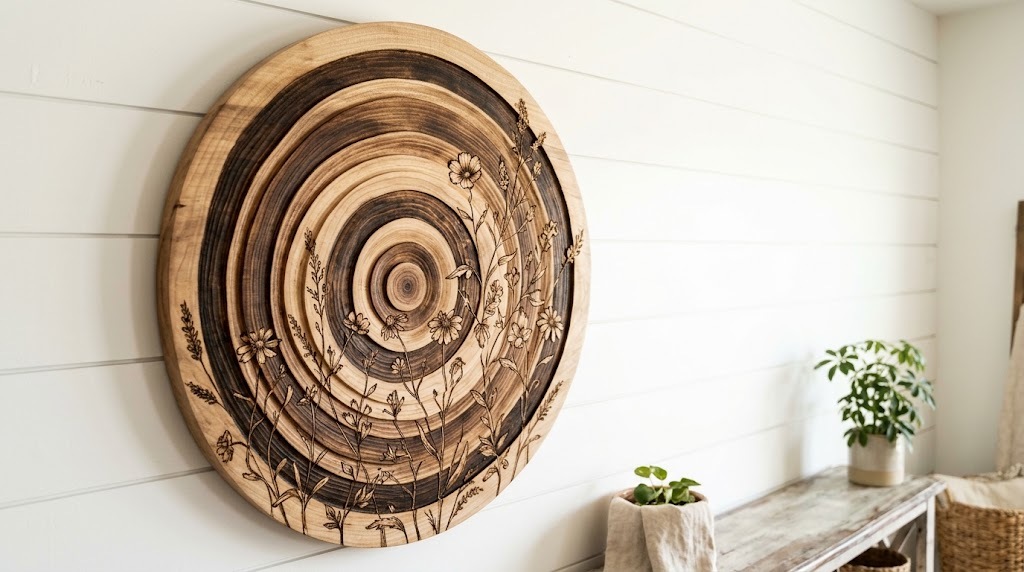 Wooden panel with burned concentric rings in different browns and wildflowers growing across