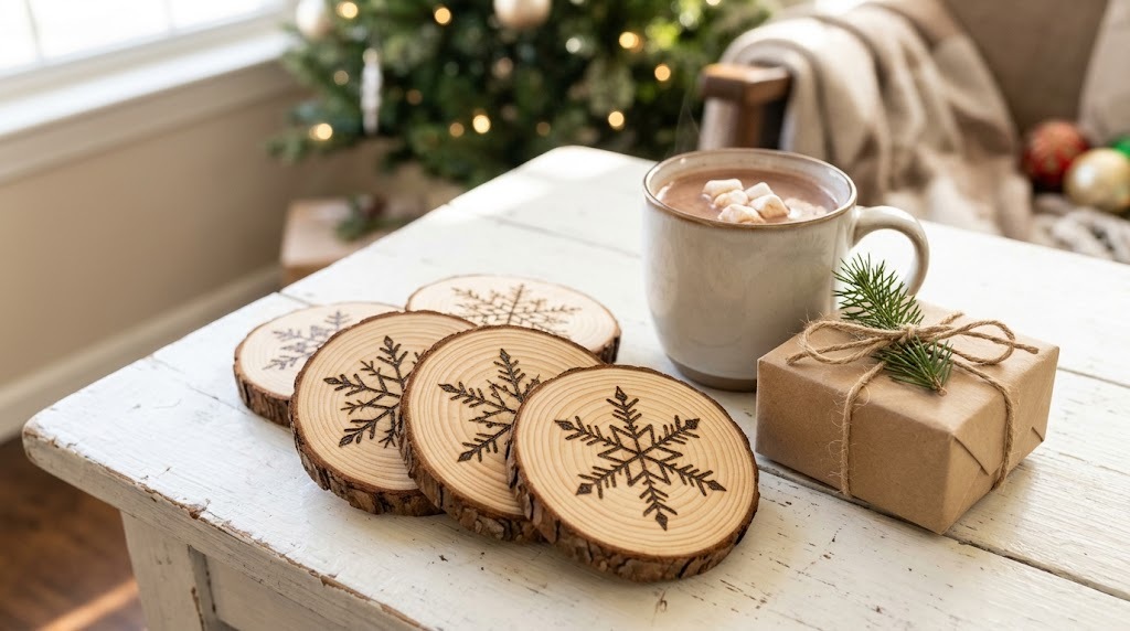 Six wood slice coasters each with a different burned snowflake beside a mug of cocoa