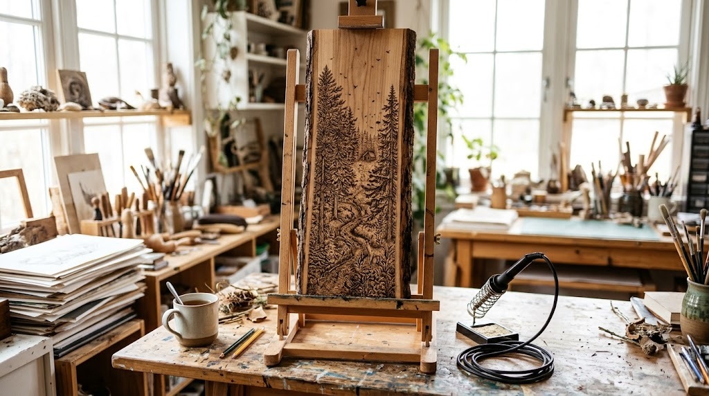 Tall live edge slab on an easel burned with a dense forest full of tiny details