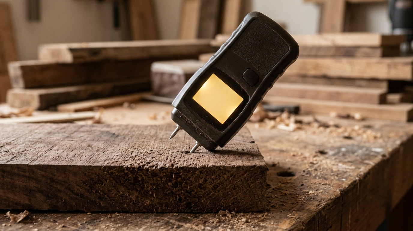 Handheld wood moisture meter pressed into a rough walnut board