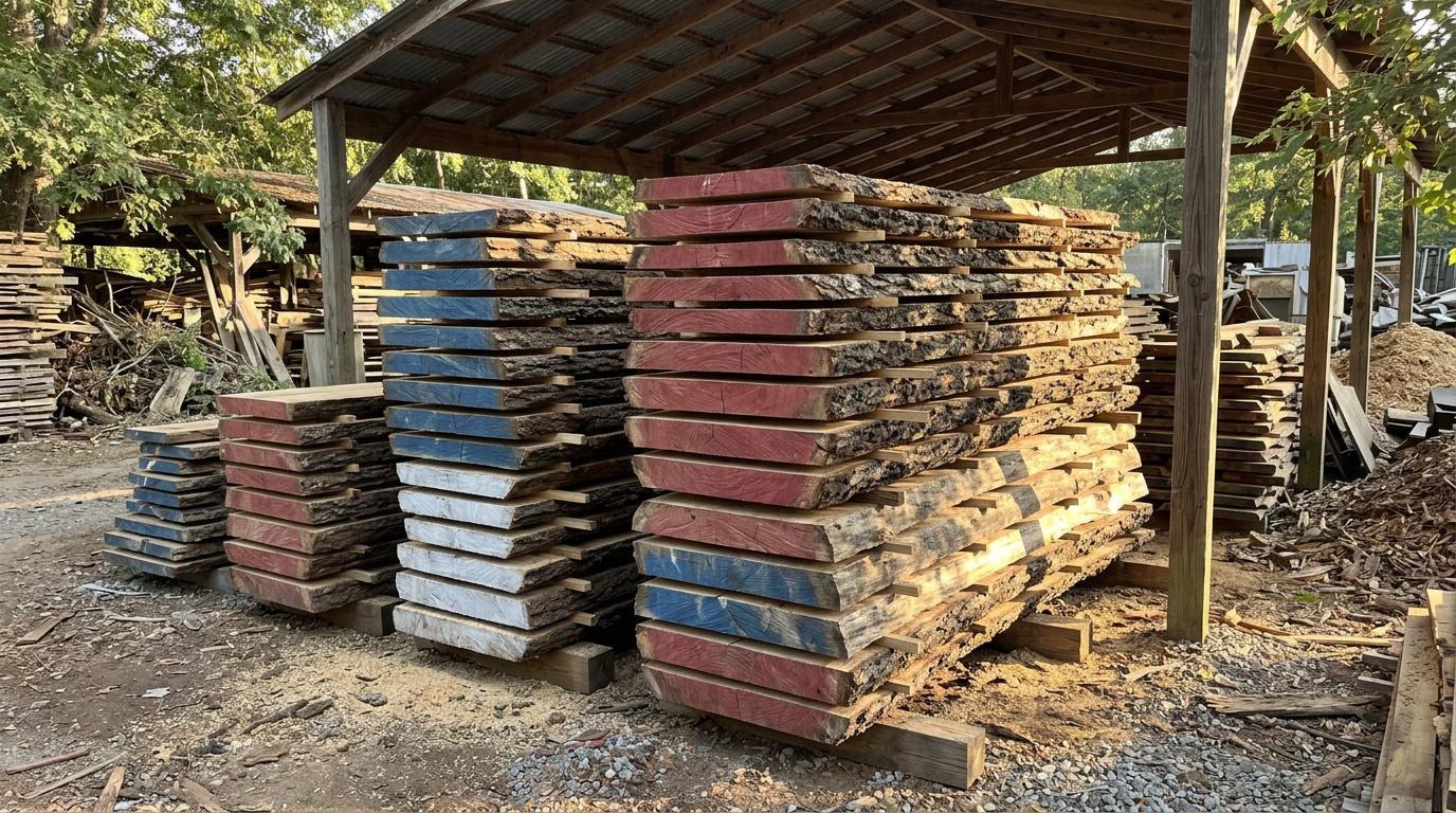 Live edge wood slabs stacked with stickers to air dry under a shed roof