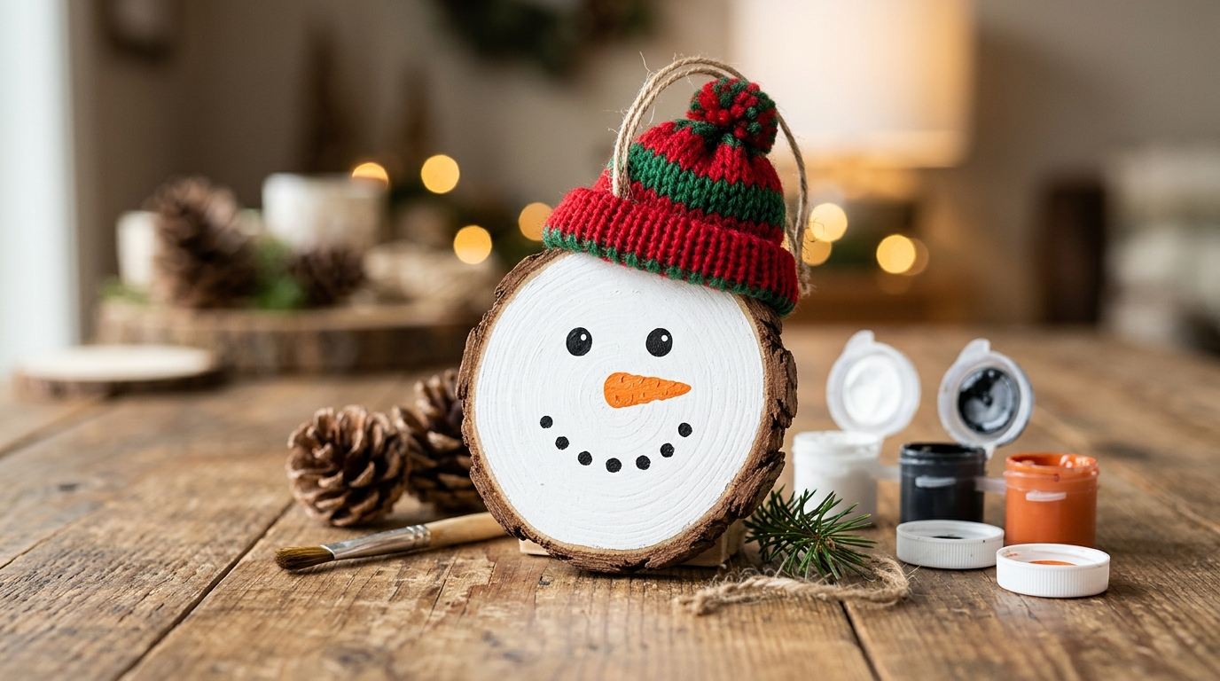 Round wood slice painted as a snowman face wearing a tiny knit hat