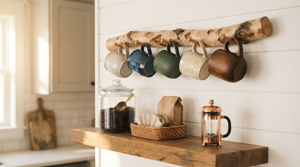 Rustic branch mug rack on a white kitchen wall with handmade mugs hanging