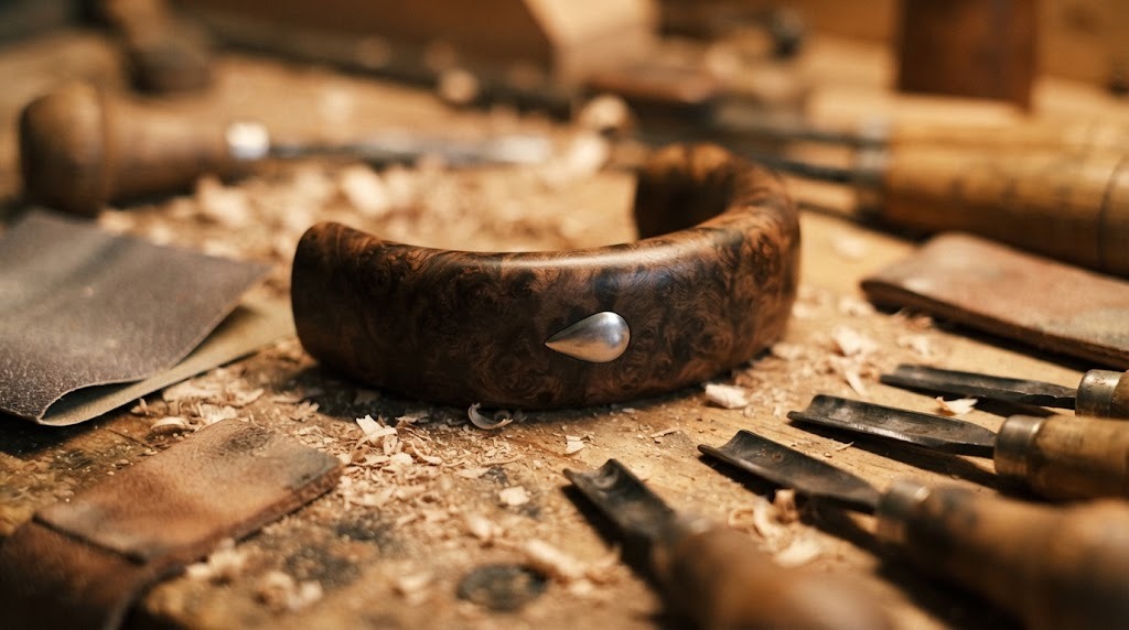 Burl handle with a pewter center made for a wooden coffee mug