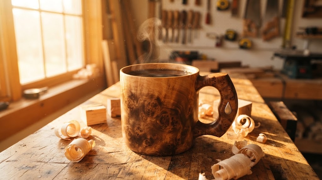 Wooden coffee mug with swirling burl grain and a burl handle on a woodshop bench