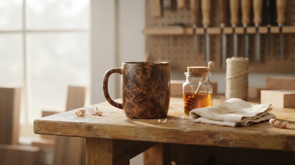 Freshly oiled burl mug curing on a shelf beside a small jar of oil