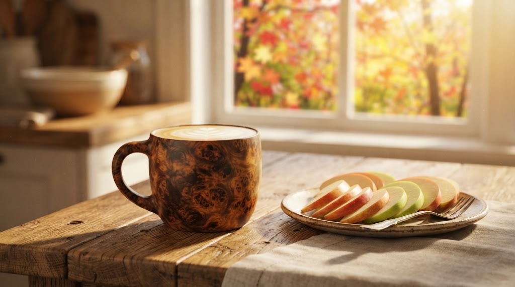 Finished wooden coffee mug filled with latte beside apple slices