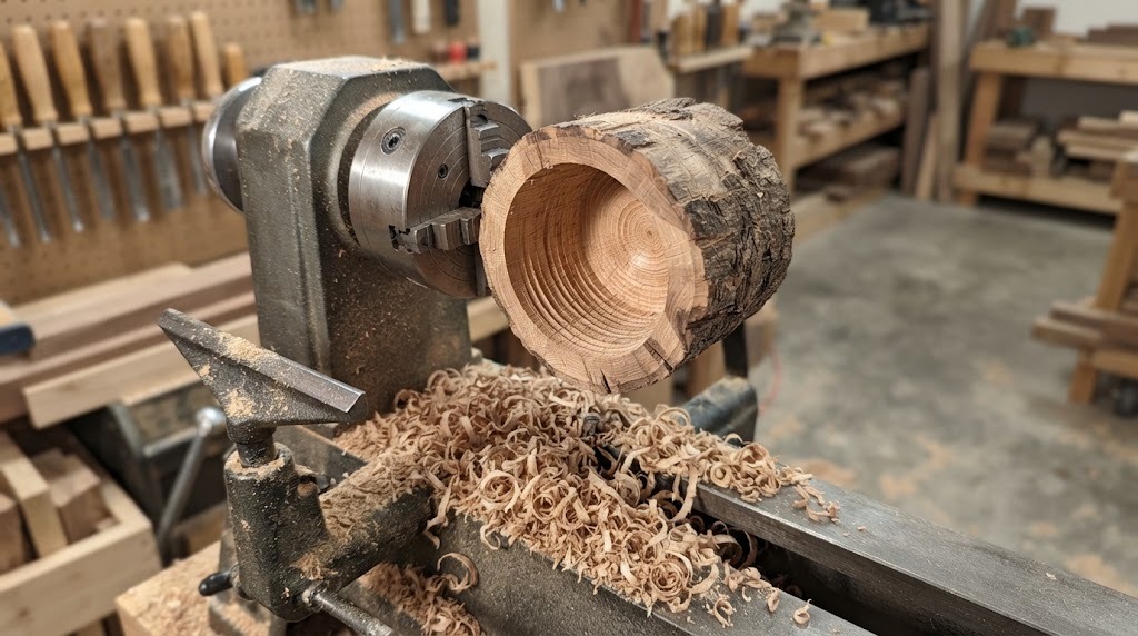 Freshly hollowed wooden coffee mug body held in a lathe chuck