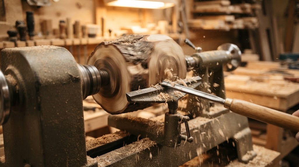 Apple log spinning on a lathe as the first step of a wooden coffee mug