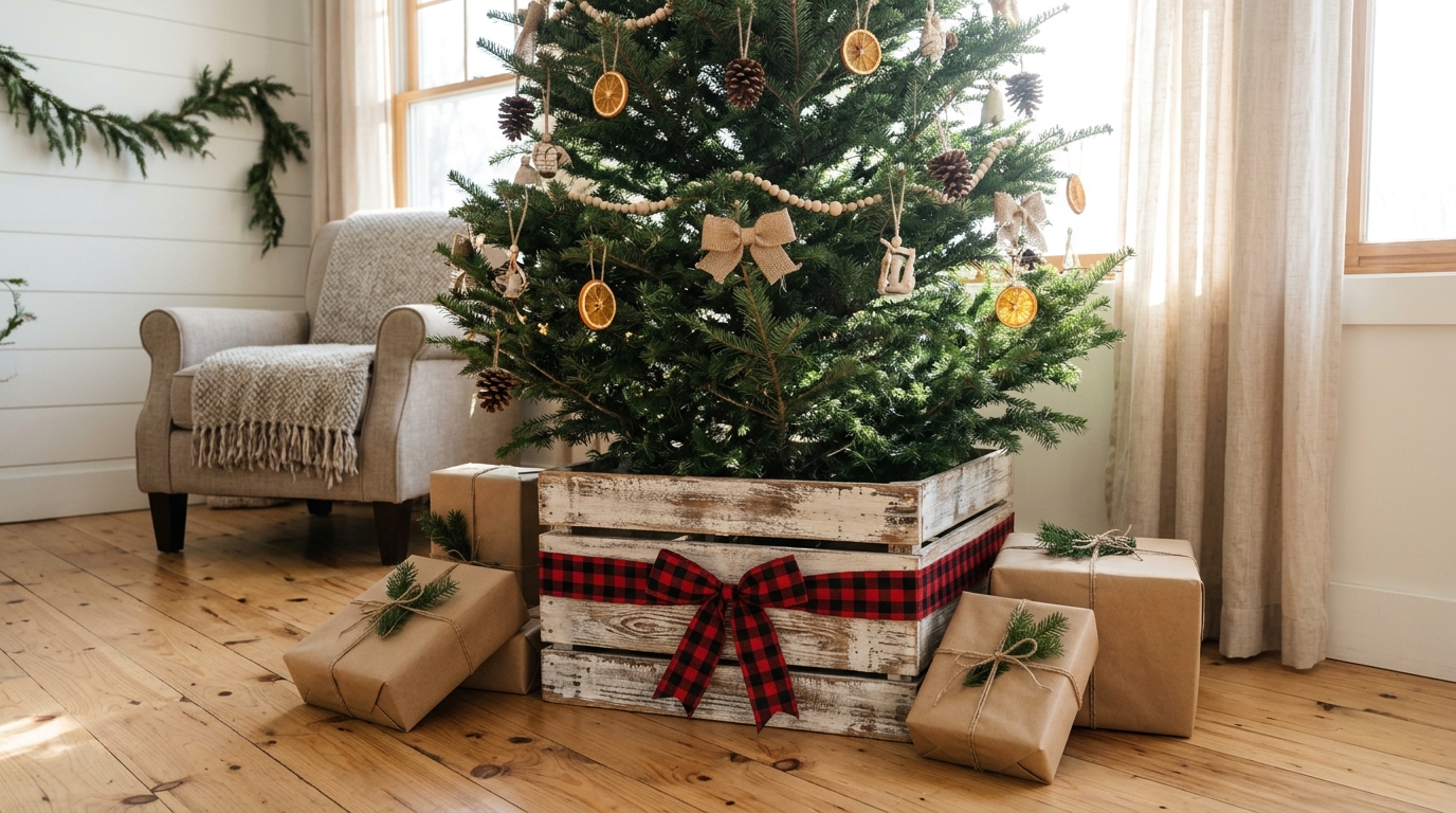 Whitewashed wooden crate tree collar with a plaid ribbon