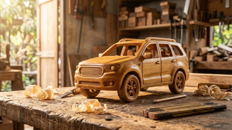 Wooden SUV model carved from honey colored pine on a sunlit carpenter workbench with curly shavings