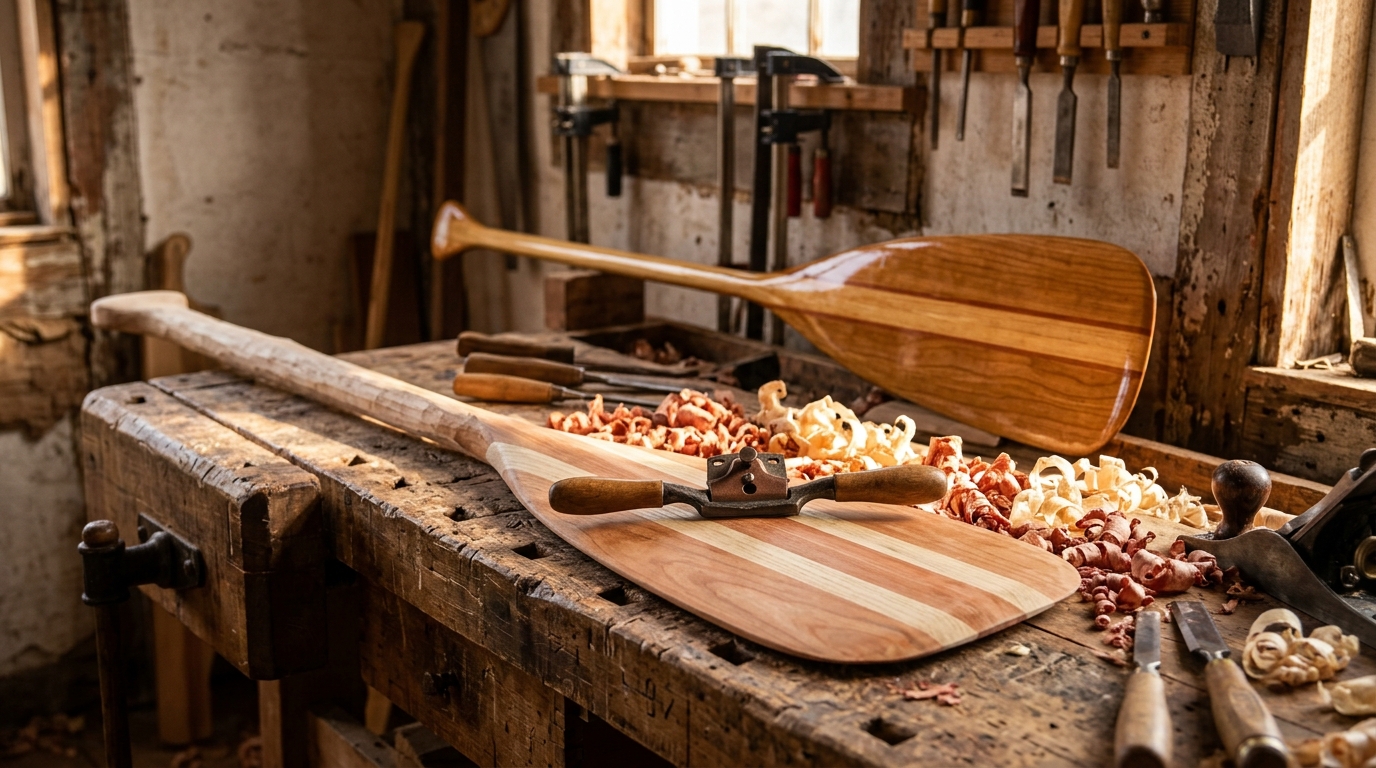 Handmade cherry and ash canoe paddle being shaped with a spokeshave on a workbench