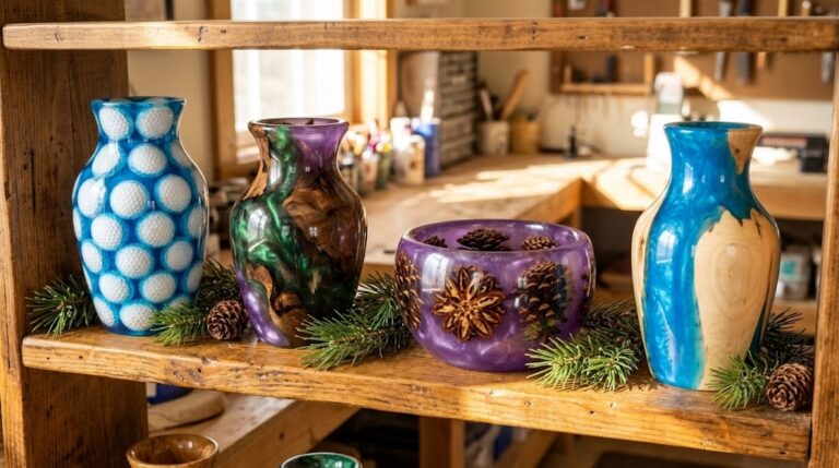 Woodturning projects on a sunny shelf, including a dimpled golf ball vase, a green and purple resin vase and a pine cone bowl