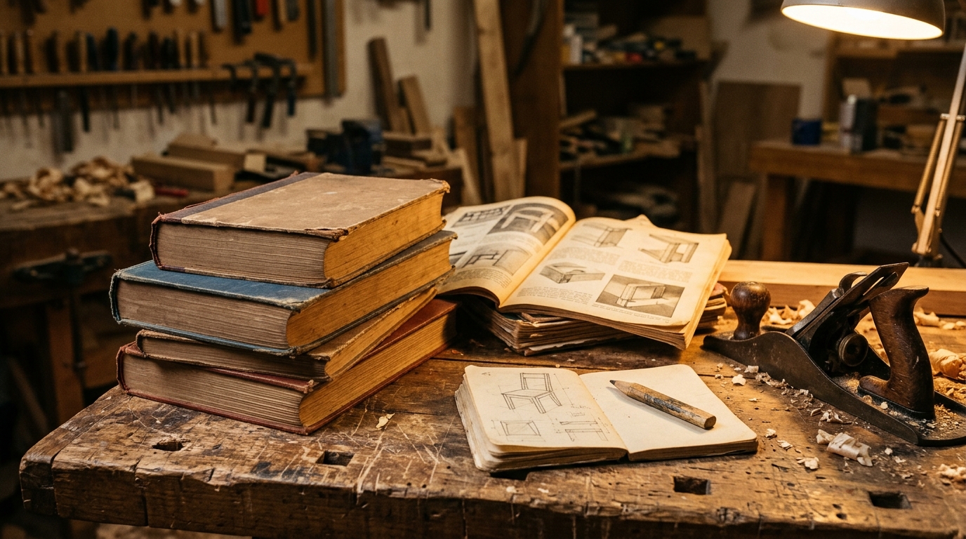 Old woodworking books and magazines open on a workbench beside a hand plane