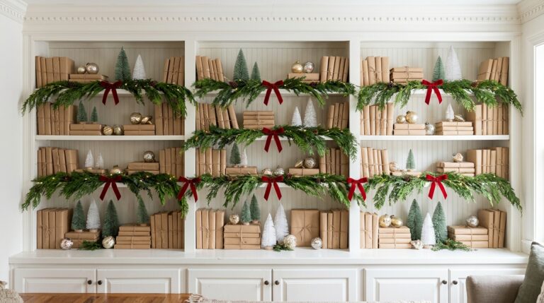 Christmas bookshelf decor on a white built in shelf with kraft paper wrapped books, bottle brush trees, garland and red bows