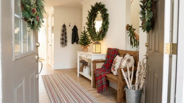 Christmas Entryway Decor with a garland mirror, a console with a mini tree, a plaid bench and a bucket of birch branches