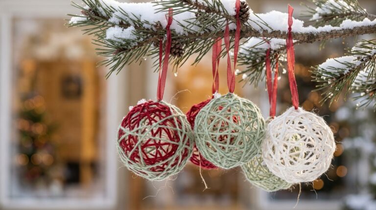 Yarn Ball Christmas Decor: red, white and sage green string ball ornaments hanging from a snowy pine branch