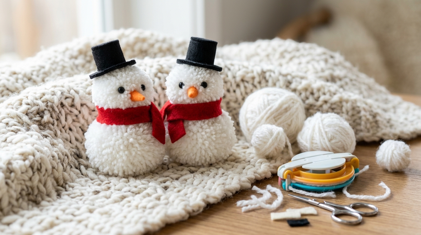 Two fluffy white yarn pom pom snowmen with red scarves and black hats on a blanket