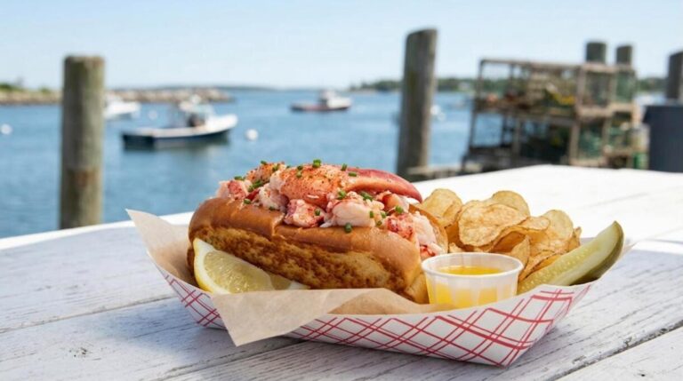 New England lobster roll in a toasted split top bun by the harbor