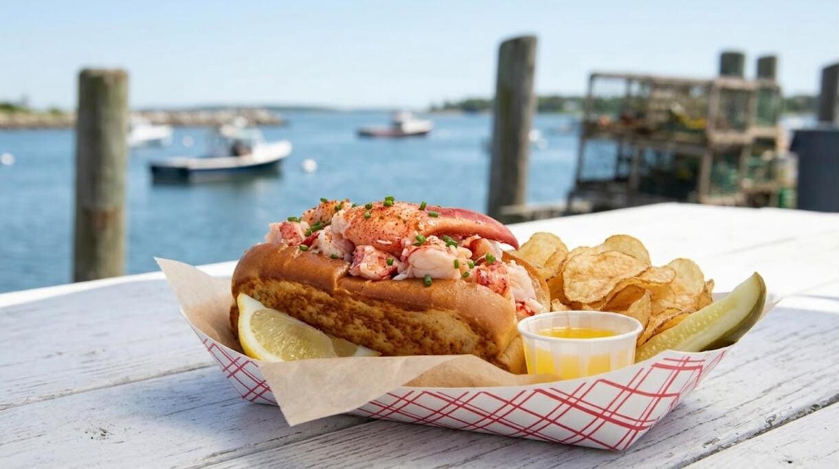 New England lobster roll in a toasted split top bun by the harbor