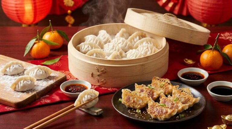 New Year foods: steamed and pan fried Chinese dumplings for Lunar New Year