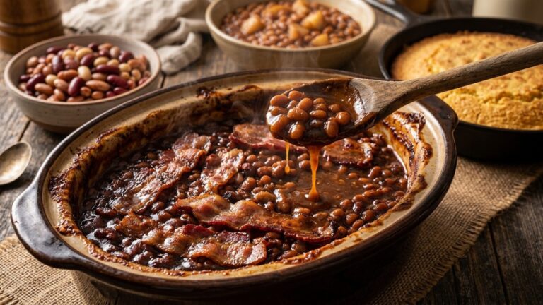 A pot of old-fashioned baked beans topped with crisp bacon