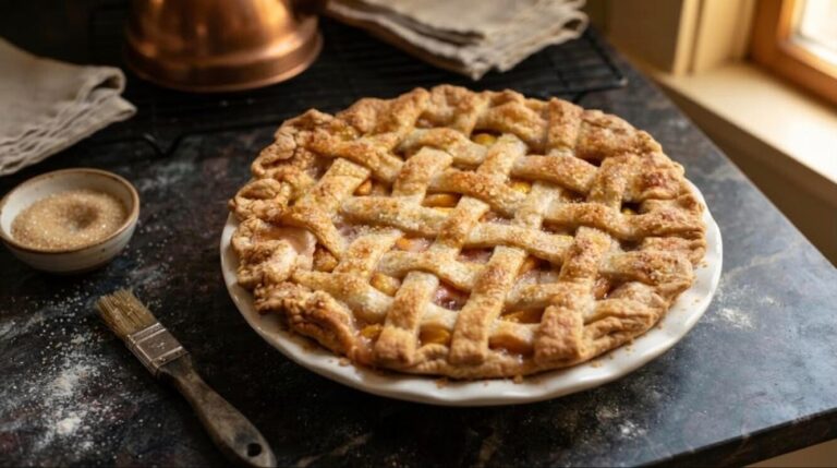 Old fashioned desserts: golden lattice top peach pie on a kitchen counter