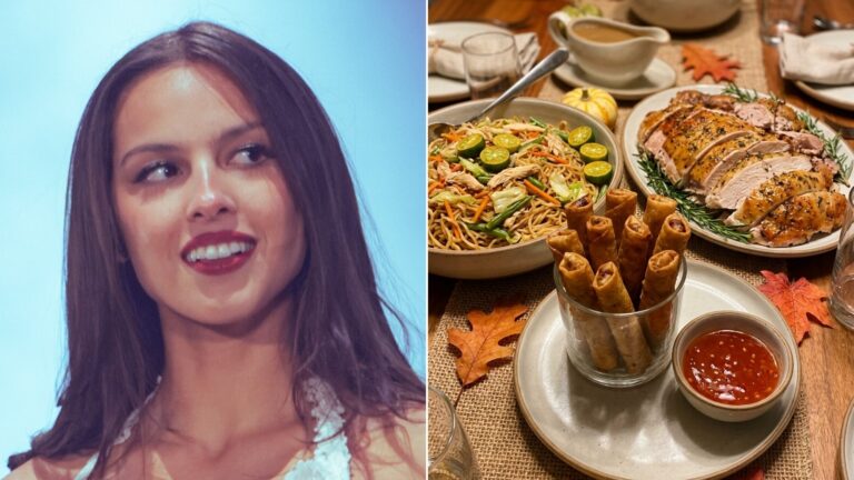 Olivia Rodrigo next to a Thanksgiving table of crispy lumpia, sliced turkey and pancit, the Olivia Rodrigo lumpia feast