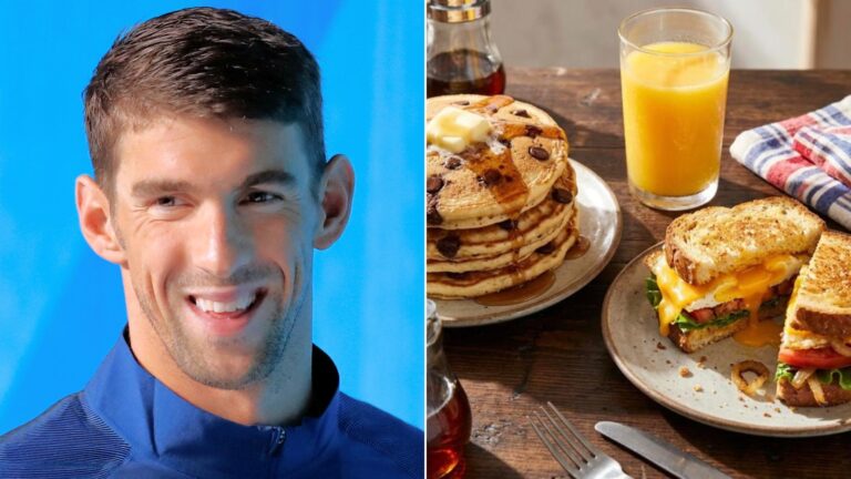 Olympic champions breakfast: Michael Phelps next to chocolate chip pancakes and a fried egg sandwich