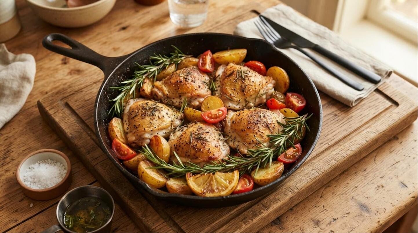 One pan dinners: skillet chicken thighs with potatoes, lemon and rosemary