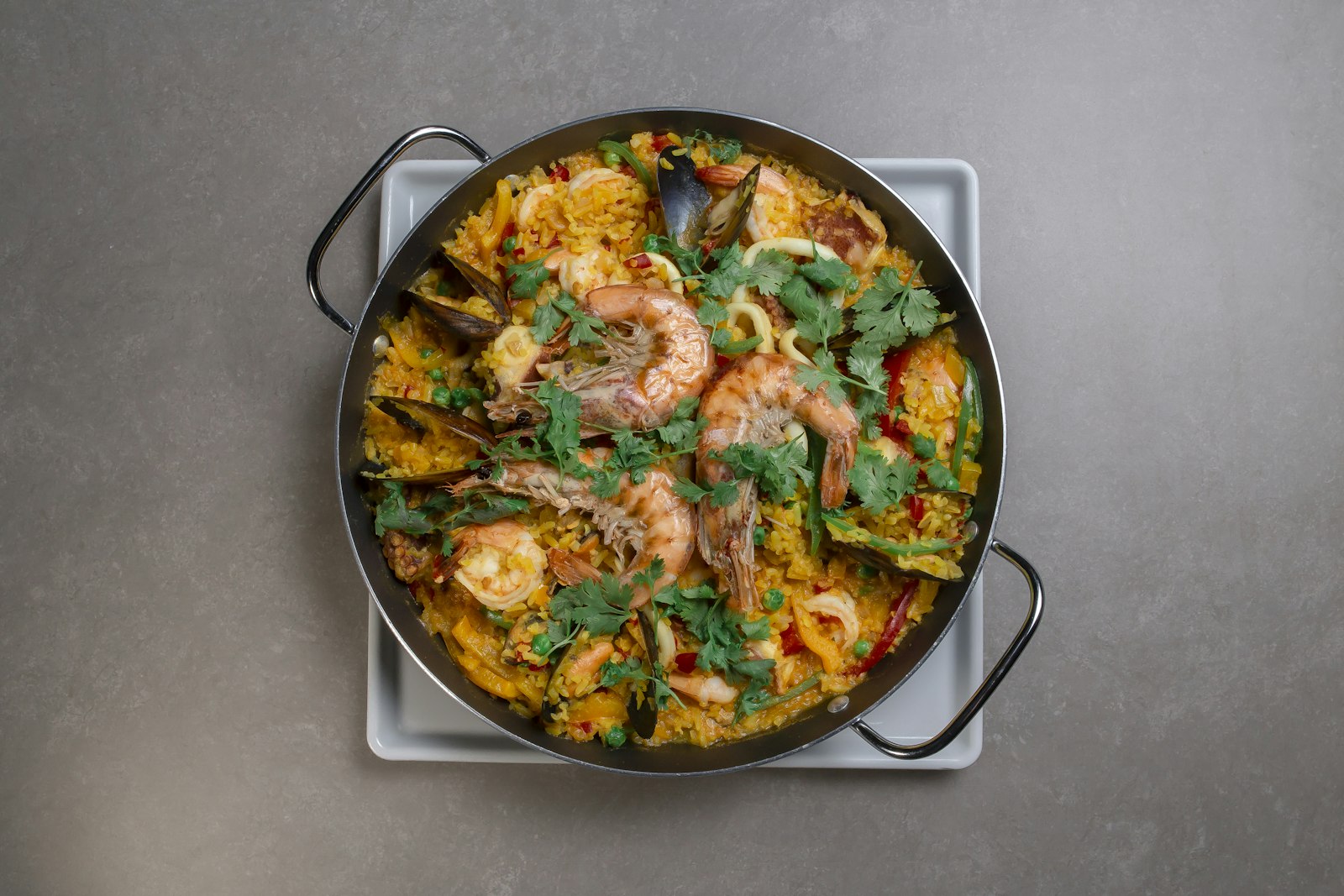 Seafood paella in a pan