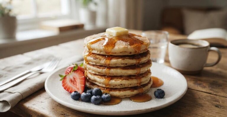 Pancake recipes: fluffy buttermilk pancake stack with maple syrup and berries