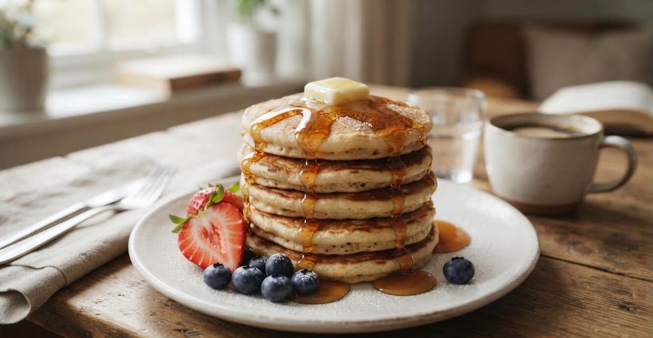 Pancake recipes: fluffy buttermilk pancake stack with maple syrup and berries