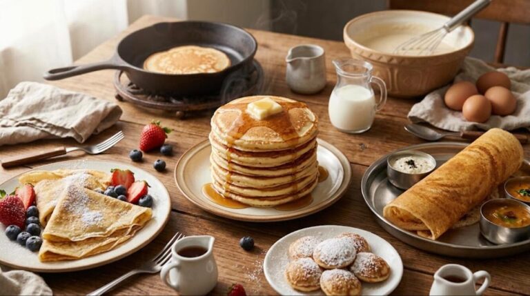 Pancakes from around the world: fluffy stack with syrup, crepes, dosa and poffertjes