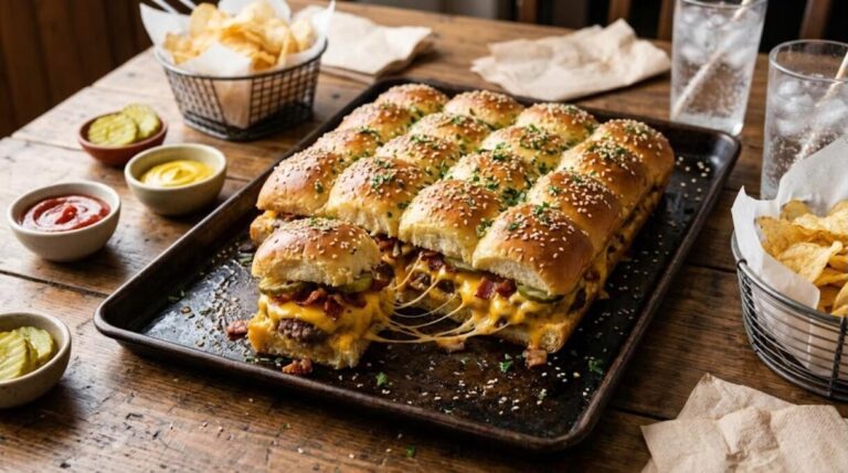 Party sliders: tray of baked cheeseburger sliders with melted cheddar and bacon