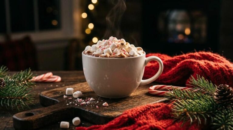 Peppermint hot chocolate with marshmallows and candy canes in a white mug