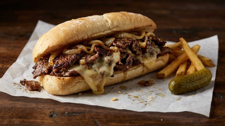 Philly cheesesteak overstuffed with thin ribeye, onions and melted provolone on a soft roll