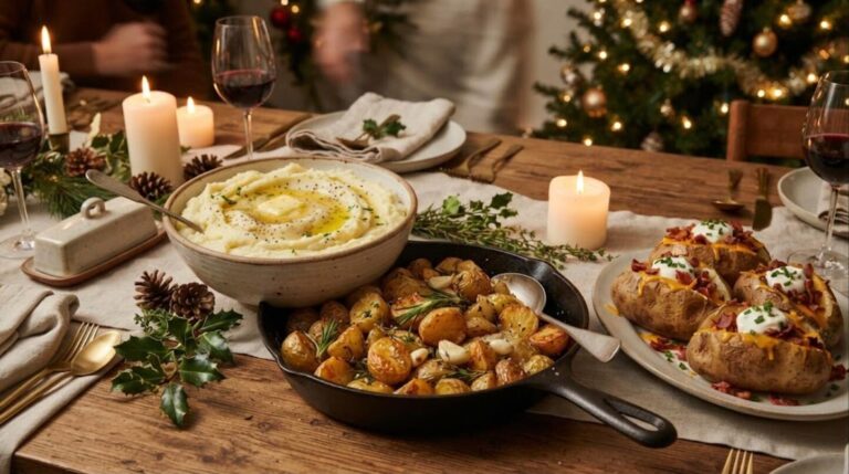 Potato side dishes: mashed, roasted and loaded baked potatoes on a dinner table