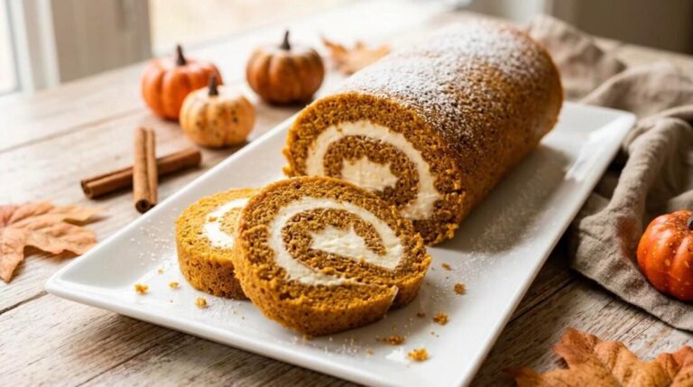 Sliced pumpkin roll cake with cream cheese filling on a white platter